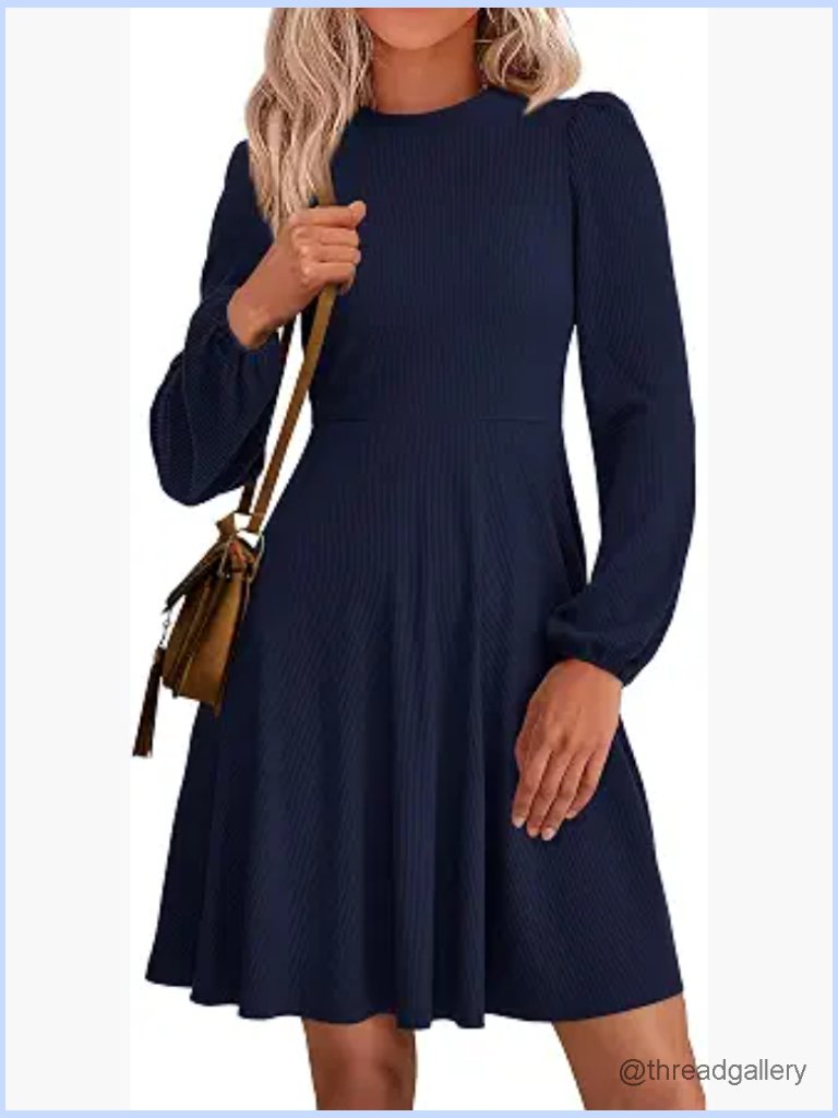 Long Sleeve Ribbed Knit A-Line Mini Dress With Pockets